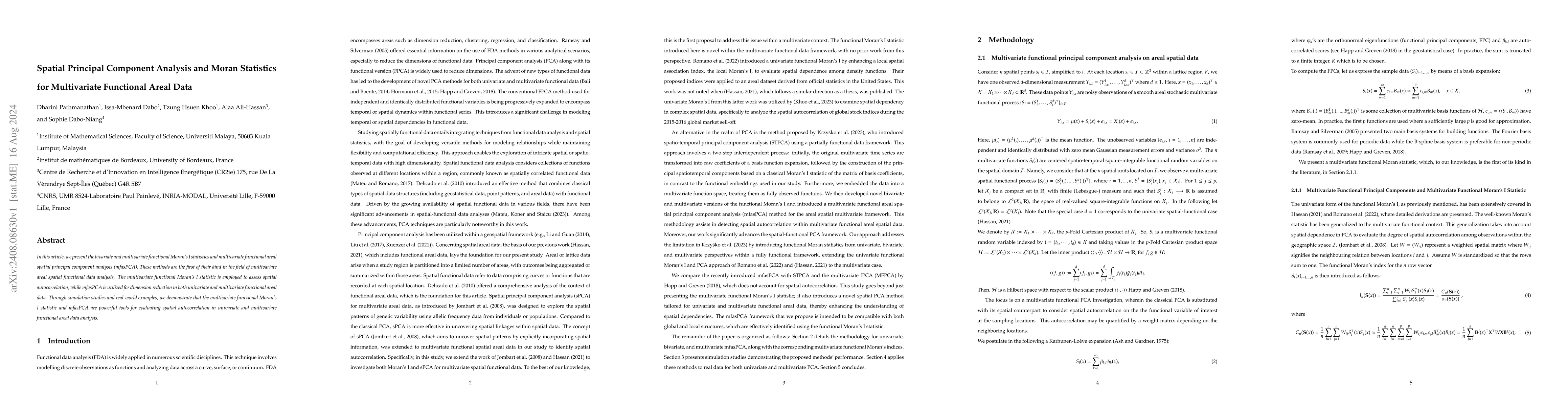 Thumbnail for Spatial Principal Component Analysis and Moran Statistics for
  Multivariate Functional Areal Data
