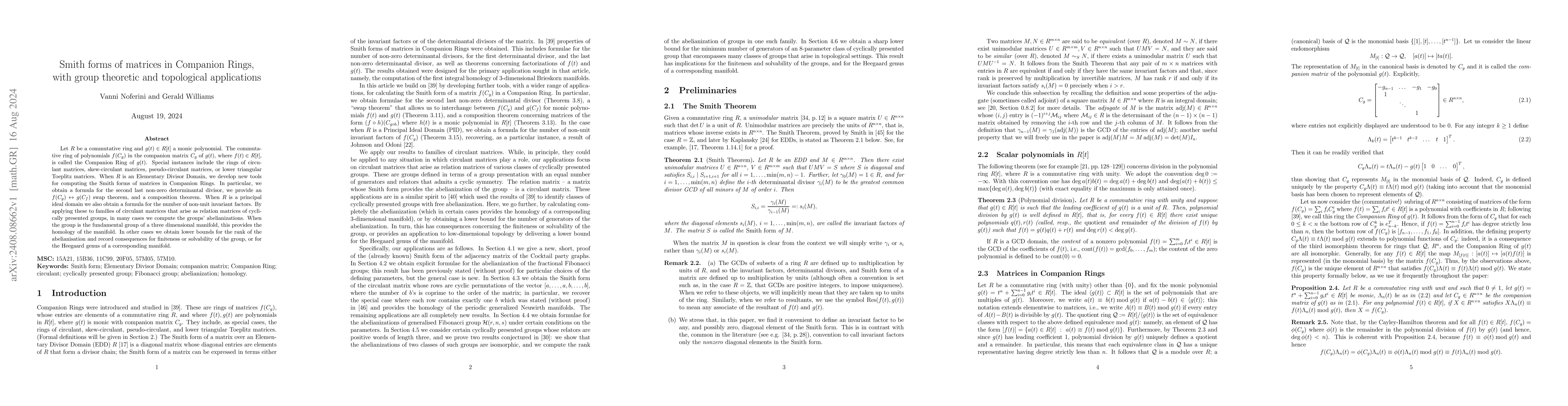 Thumbnail for Smith forms of matrices in Companion Rings, with group theoretic and
  topological applications