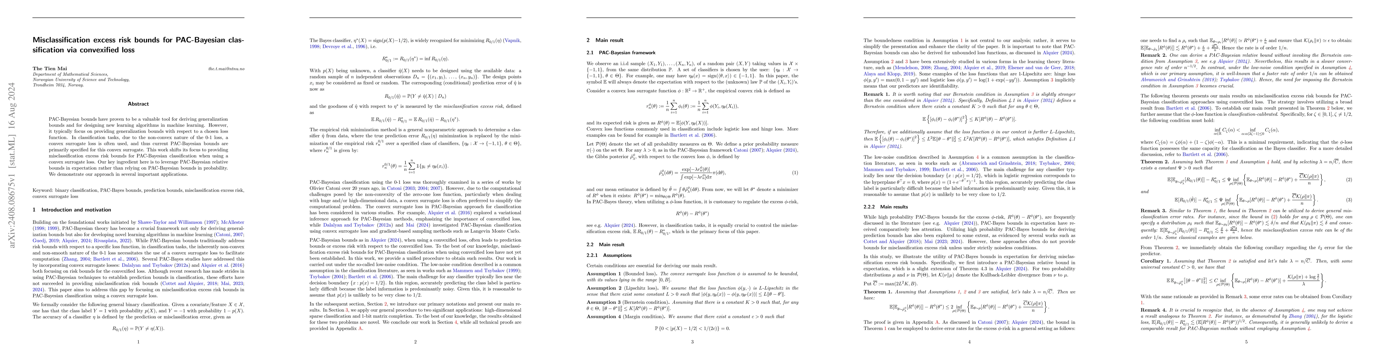 Thumbnail for Misclassification excess risk bounds for PAC-Bayesian classification via
  convexified loss