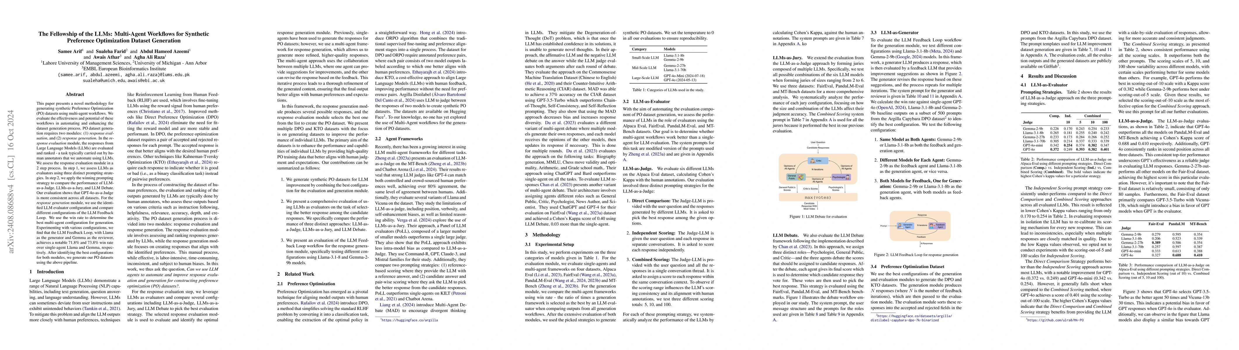 Thumbnail for The Fellowship of the LLMs: Multi-Agent Workflows for Synthetic
  Preference Optimization Dataset Generation