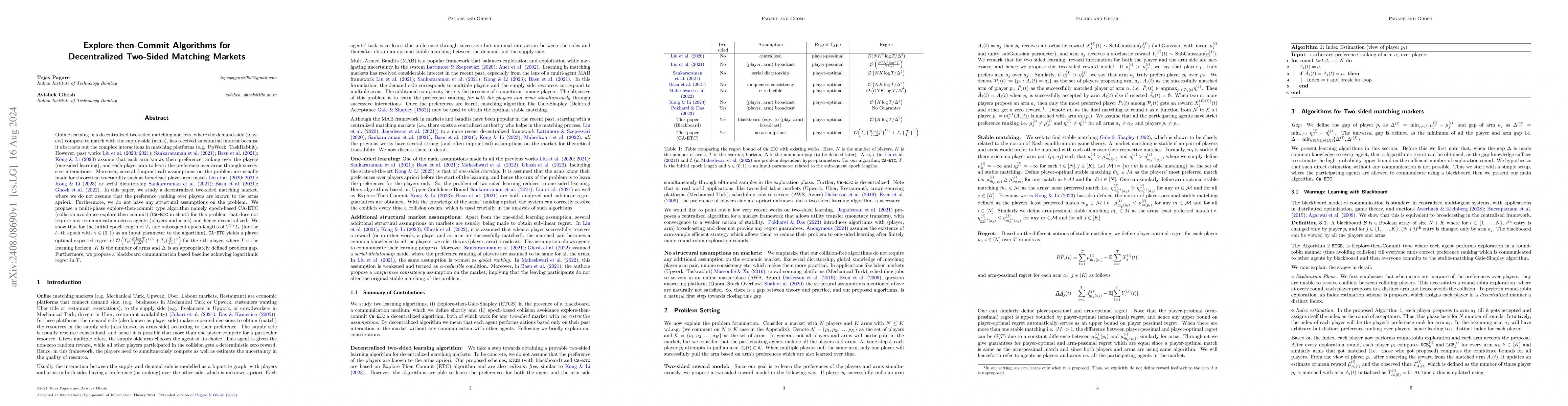 Thumbnail for Explore-then-Commit Algorithms for Decentralized Two-Sided Matching
  Markets