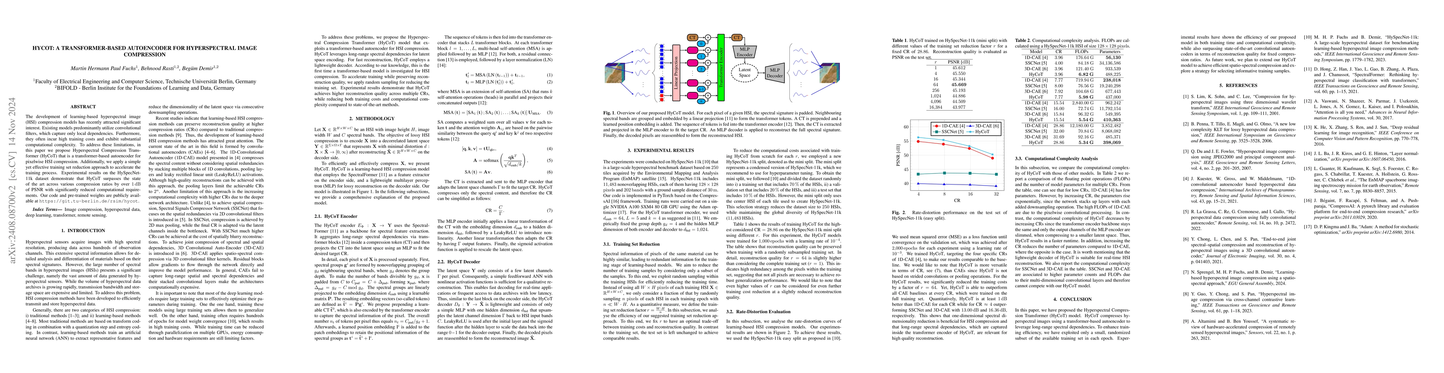 Thumbnail for HyCoT: Hyperspectral Compression Transformer with an Efficient Training
  Strategy