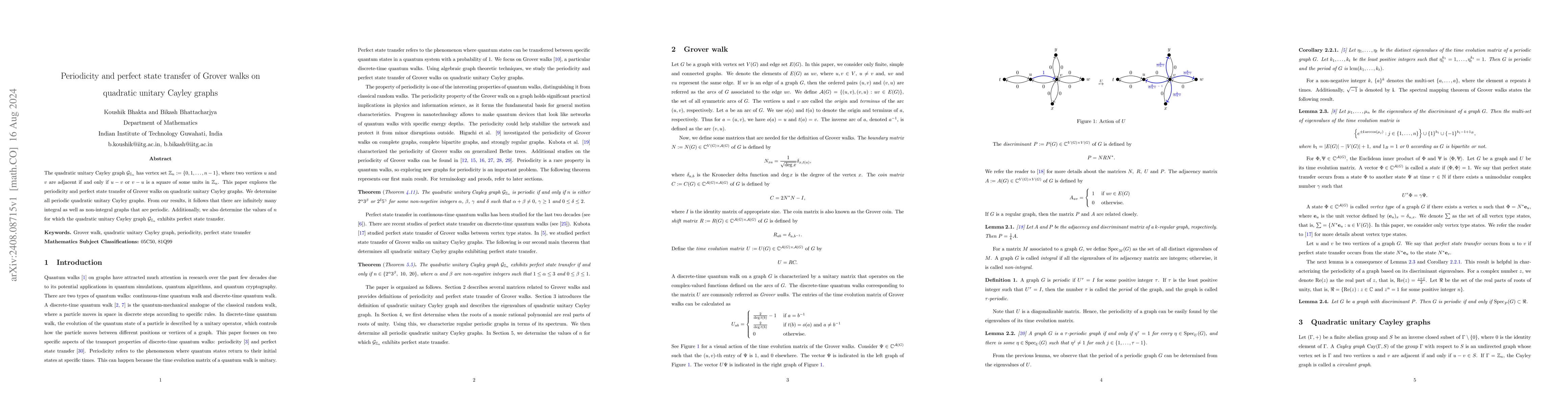 Thumbnail for Periodicity and perfect state transfer of Grover walks on quadratic
  unitary Cayley graphs