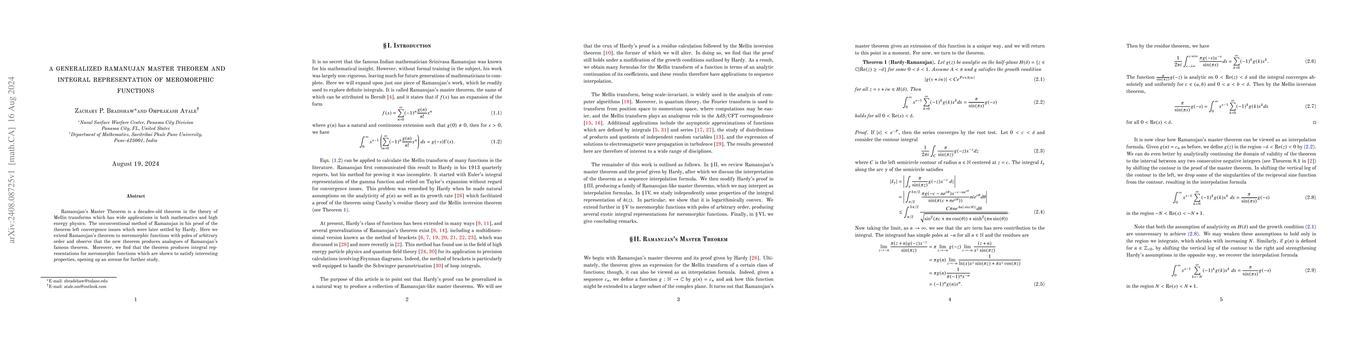 Thumbnail for A Generalized Ramanujan Master Theorem and Integral Representation of
  Meromorphic Functions