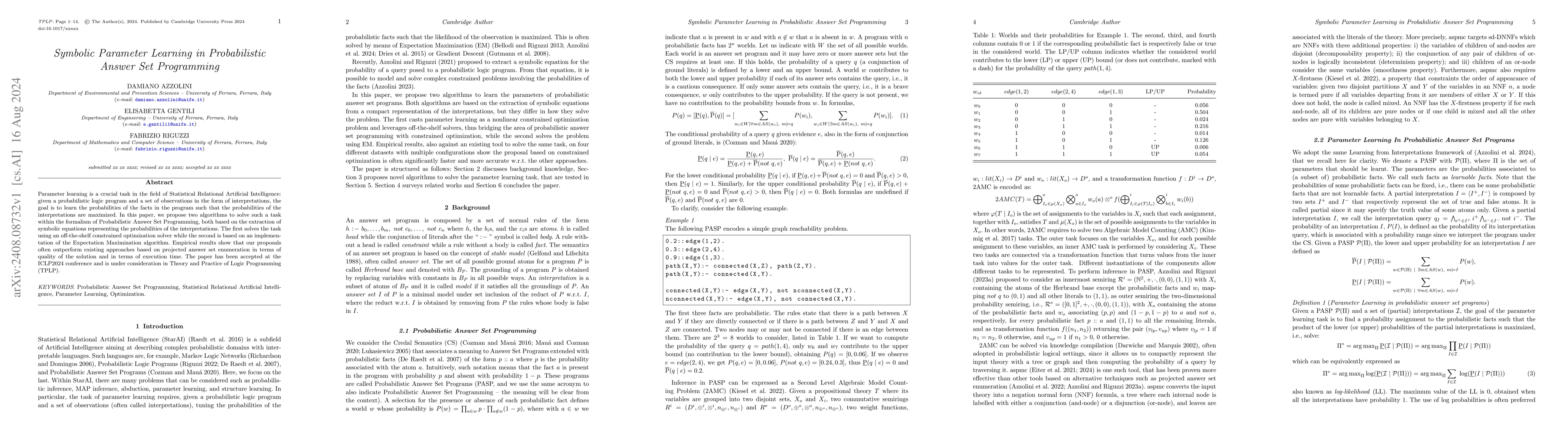 Thumbnail for Symbolic Parameter Learning in Probabilistic Answer Set Programming