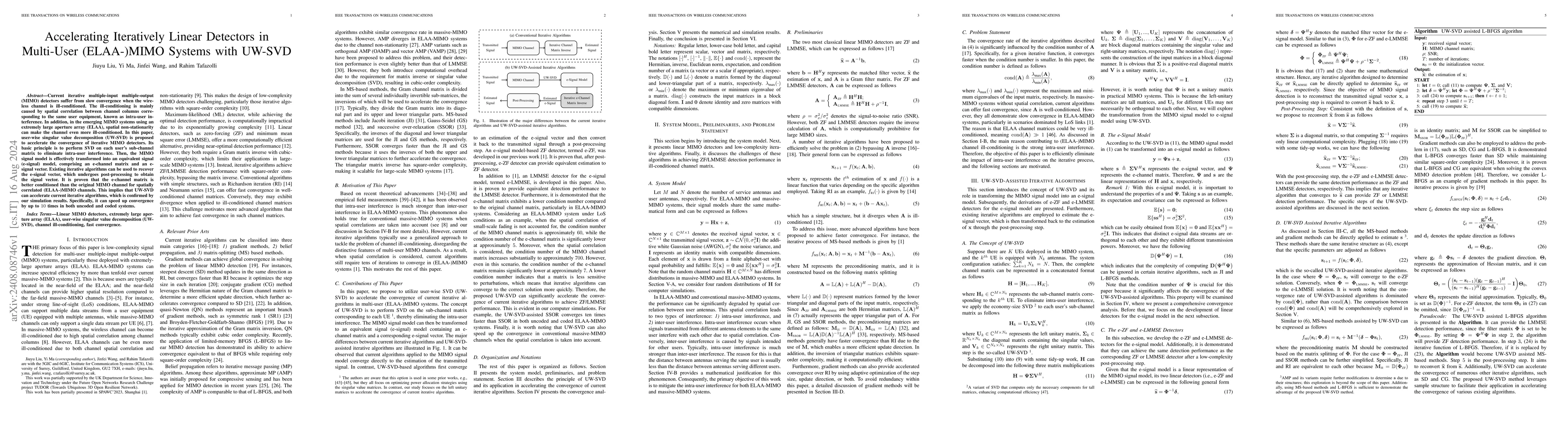 Thumbnail for Accelerating Iteratively Linear Detectors in Multi-User (ELAA-)MIMO
  Systems with UW-SVD
