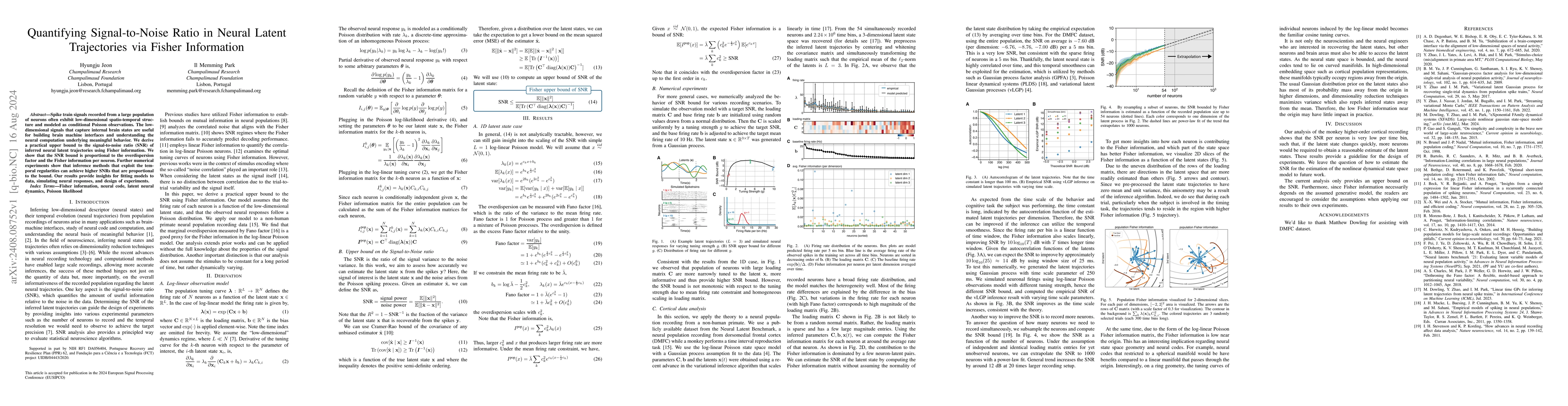 Thumbnail for Quantifying Signal-to-Noise Ratio in Neural Latent Trajectories via
  Fisher Information