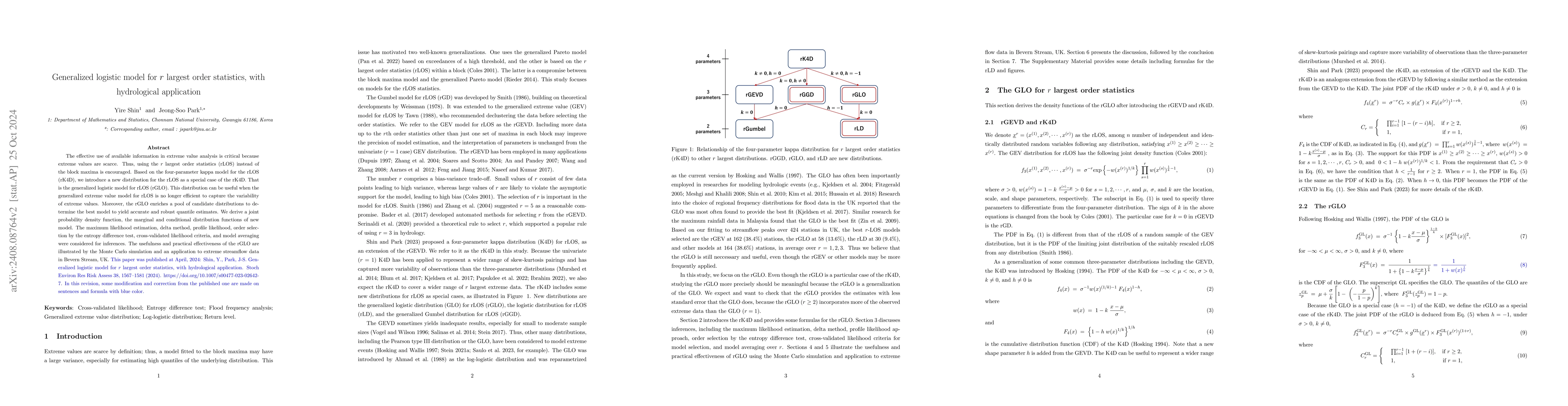 Thumbnail for Generalized logistic model for $r$ largest order statistics, with
  hydrological application