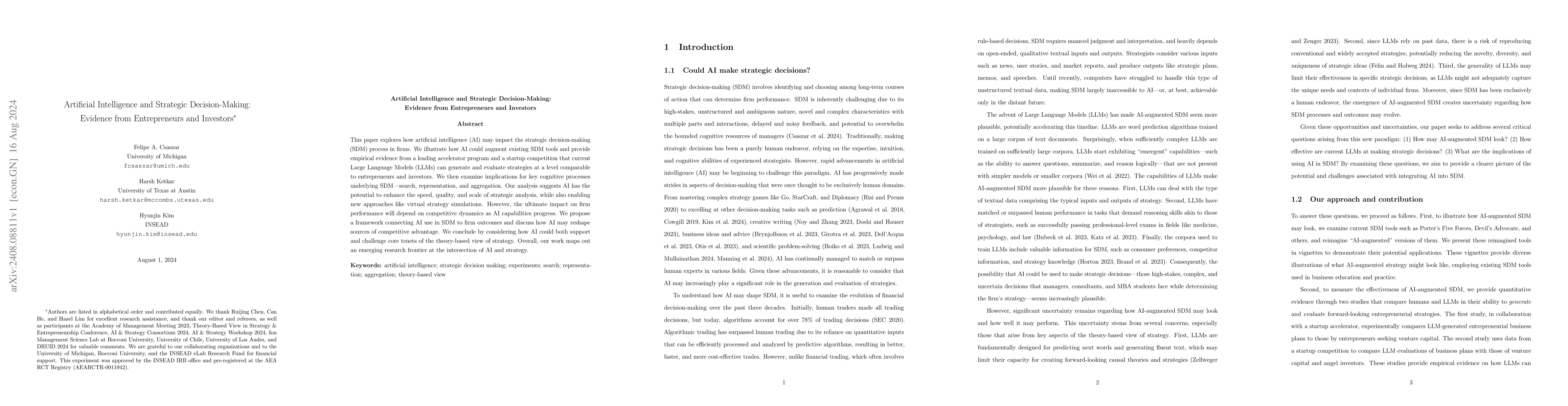 Thumbnail for Artificial Intelligence and Strategic Decision-Making: Evidence from
  Entrepreneurs and Investors