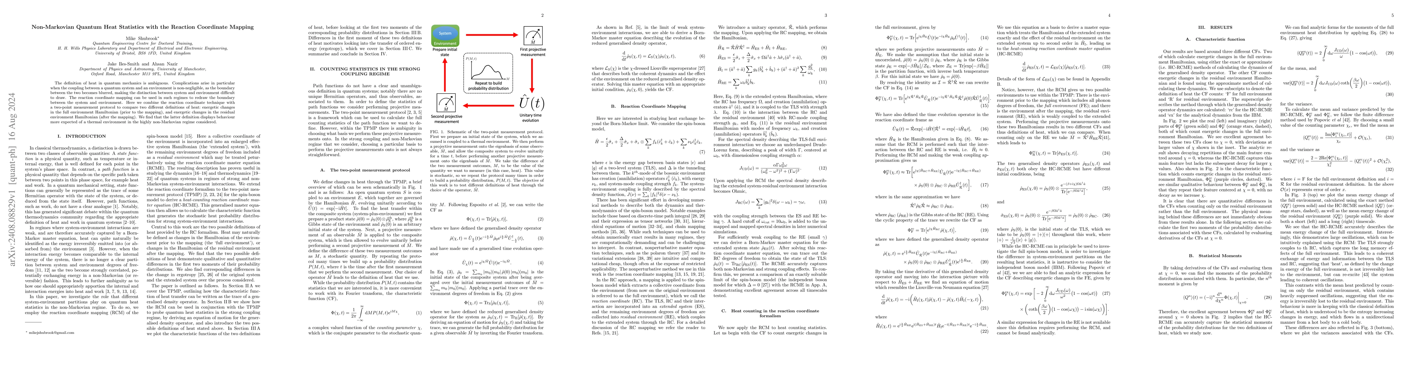 Thumbnail for Non-Markovian Quantum Heat Statistics with the Reaction Coordinate
  Mapping