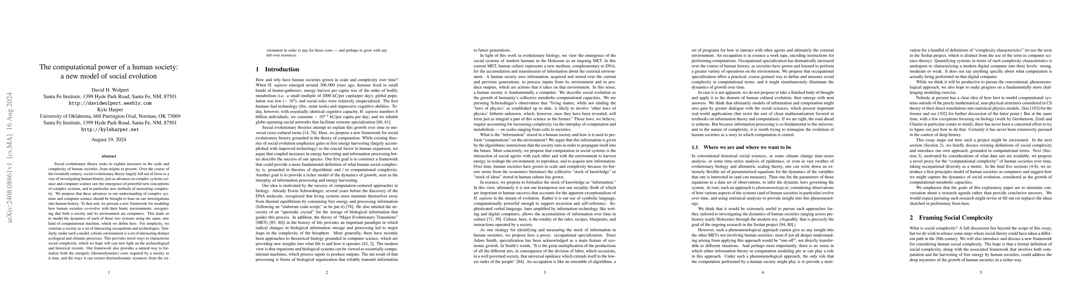 Thumbnail for The computational power of a human society: a new model of social
  evolution