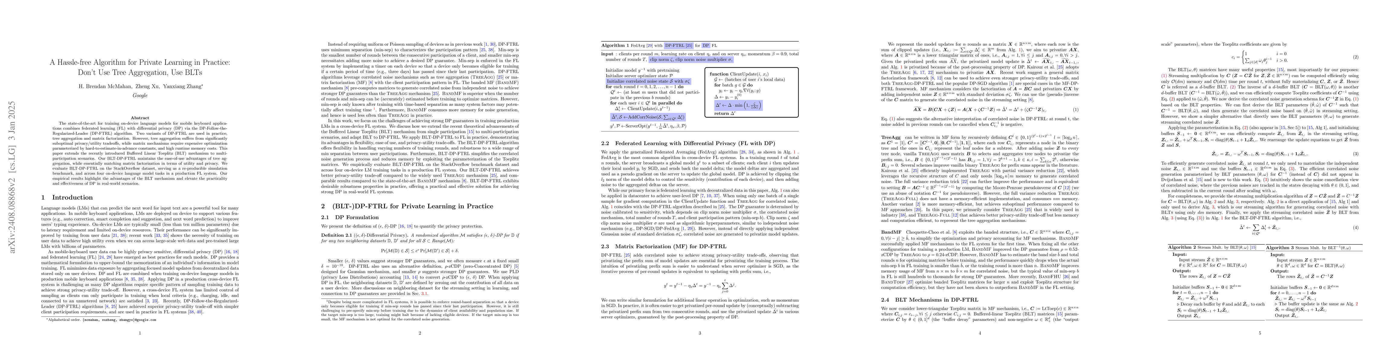 Thumbnail for A Hassle-free Algorithm for Private Learning in Practice: Don't Use Tree
  Aggregation, Use BLTs