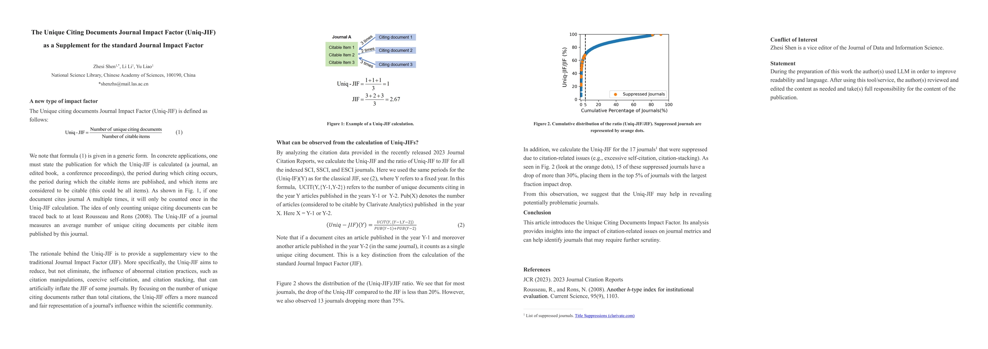 Thumbnail for The Unique Citing Documents Journal Impact Factor (Uniq-JIF) as a
  Supplement for the standard Journal Impact Factor