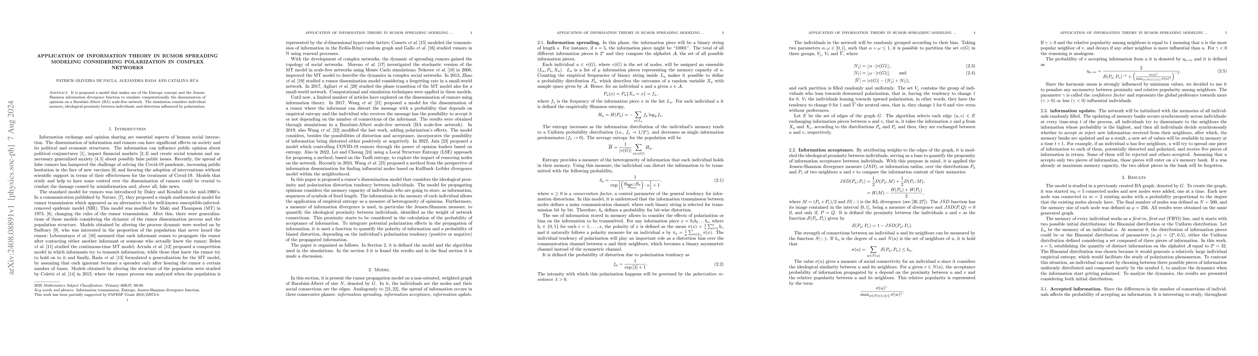 Thumbnail for Application of Information Theory in Rumor Spreading Modeling
  Considering Polarization in Complex Networks