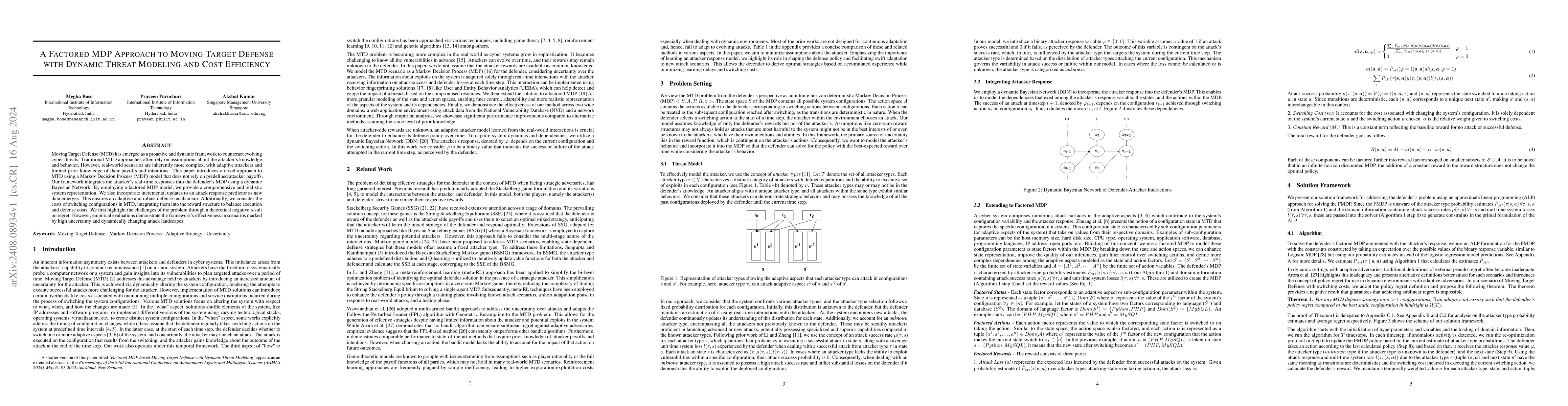 Thumbnail for A Factored MDP Approach To Moving Target Defense With Dynamic Threat
  Modeling and Cost Efficiency