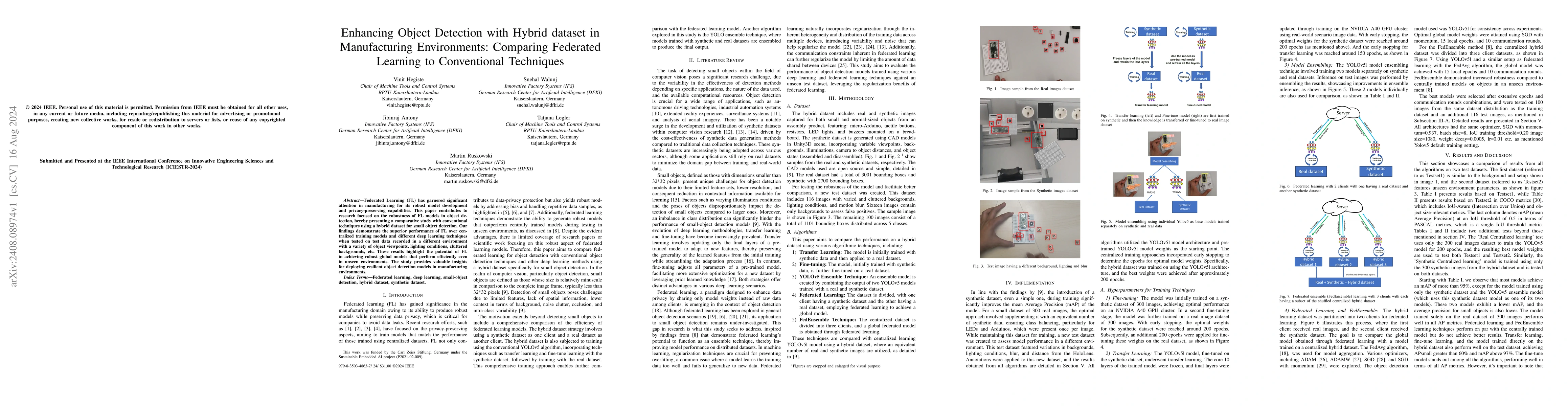 Thumbnail for Enhancing Object Detection with Hybrid dataset in Manufacturing
  Environments: Comparing Federated Learning to Conventional Techniques