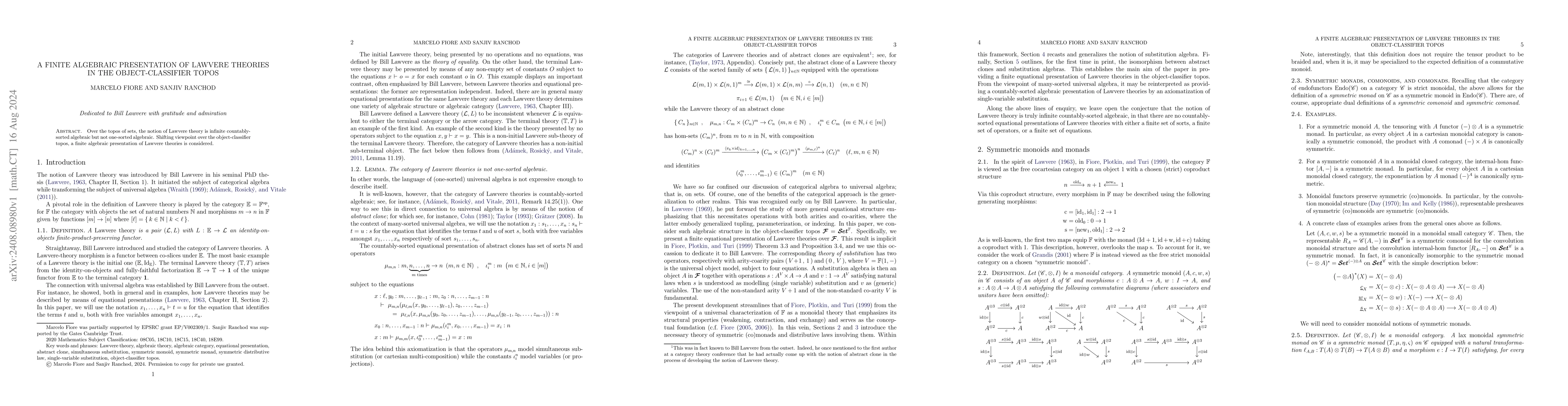Thumbnail for A finite algebraic presentation of Lawvere theories in the
  object-classifier topos