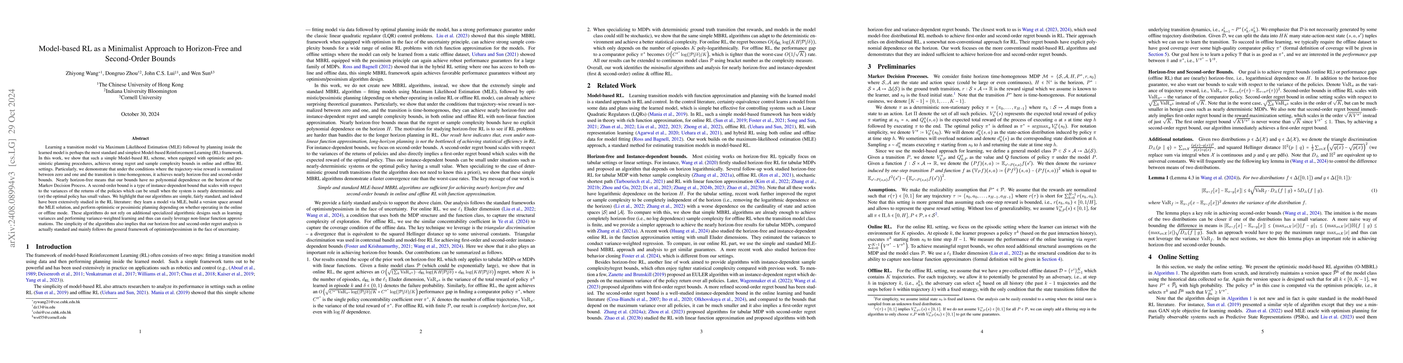 Thumbnail for Model-based RL as a Minimalist Approach to Horizon-Free and Second-Order
  Bounds