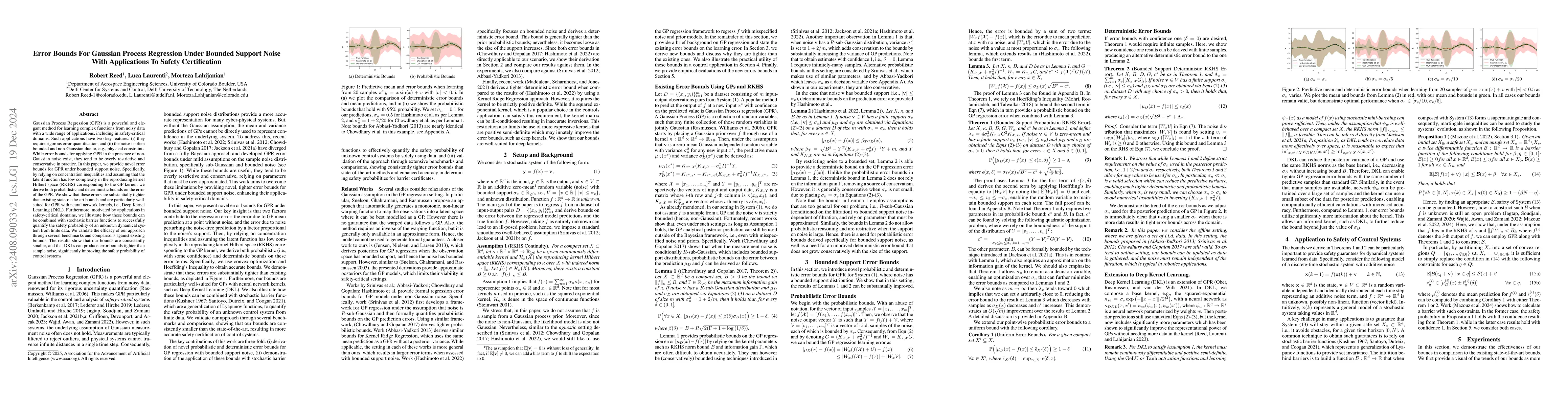 Thumbnail for Error Bounds For Gaussian Process Regression Under Bounded Support Noise
  With Applications To Safety Certification
