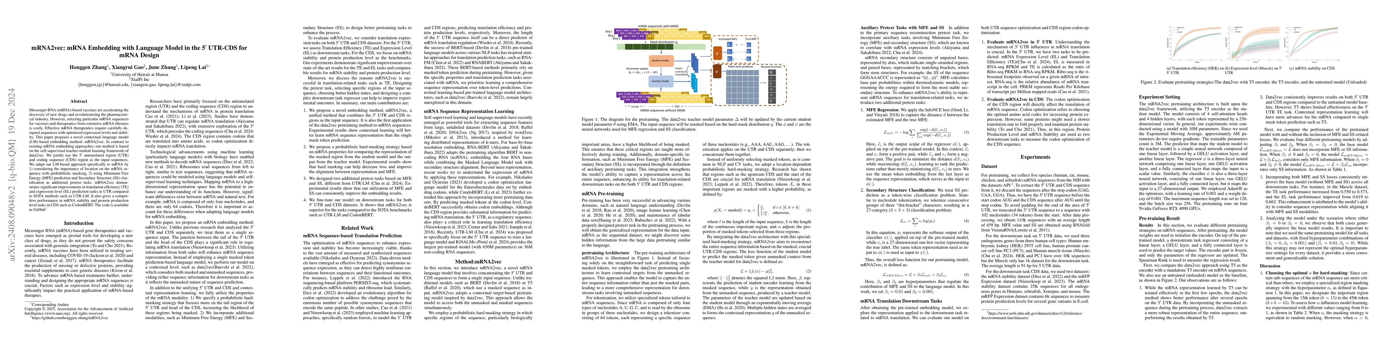 Thumbnail for mRNA2vec: mRNA Embedding with Language Model in the 5'UTR-CDS for mRNA
  Design