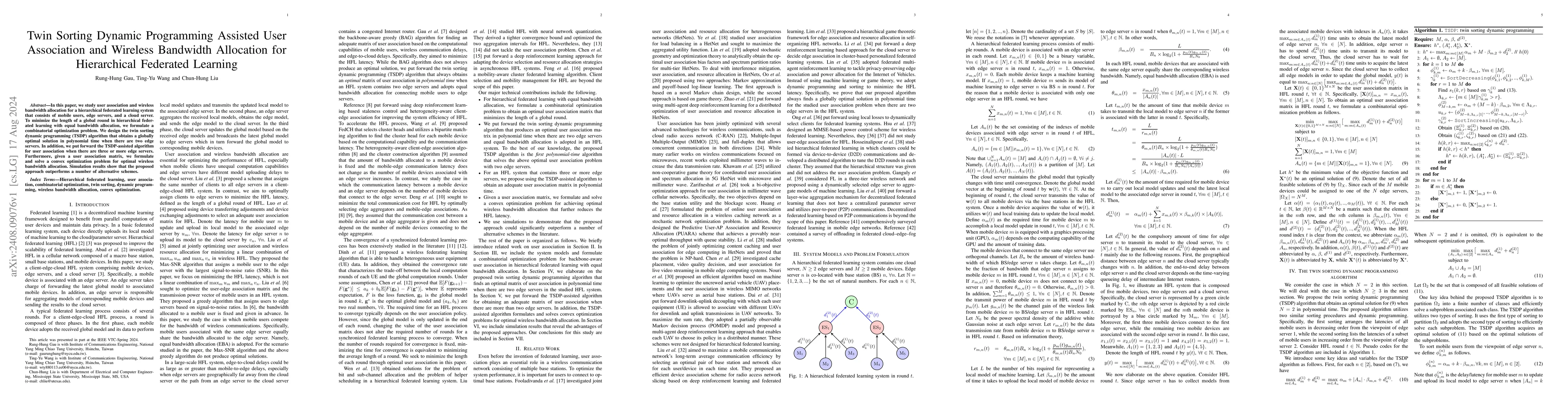 Thumbnail for Twin Sorting Dynamic Programming Assisted User Association and Wireless
  Bandwidth Allocation for Hierarchical Federated Learning