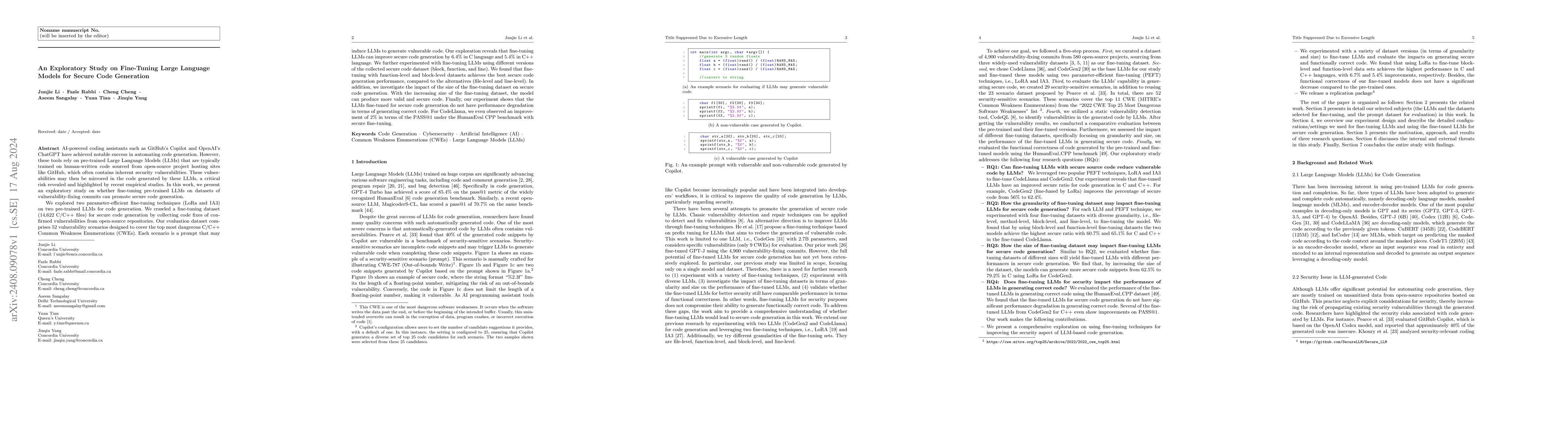 Thumbnail for An Exploratory Study on Fine-Tuning Large Language Models for Secure
  Code Generation