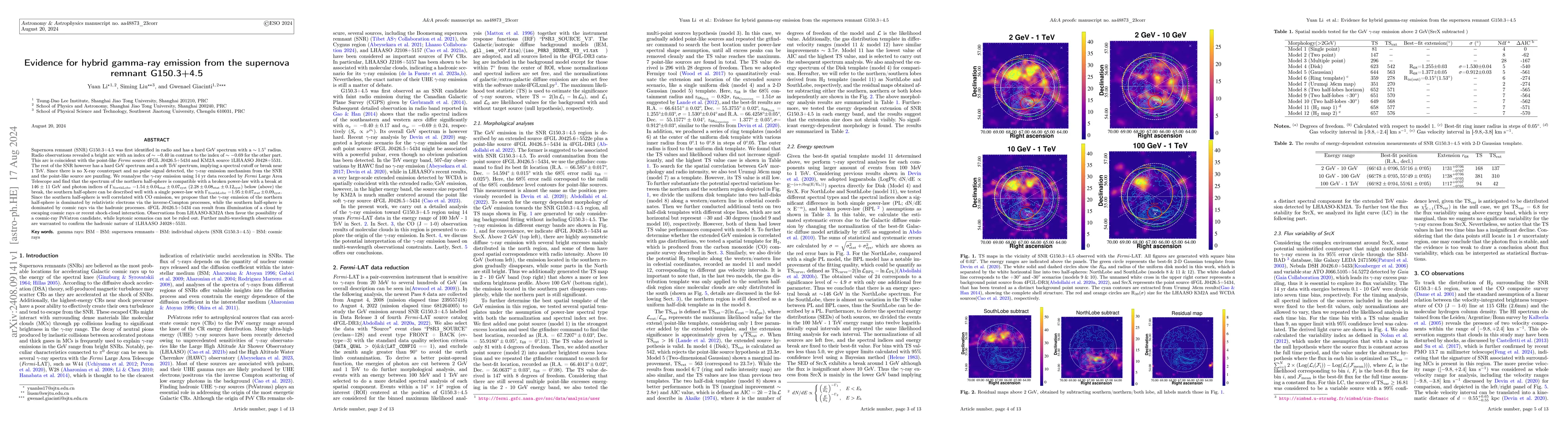 Thumbnail for Evidence for hybrid gamma-ray emission from the supernova remnant
  G150.3+4.5