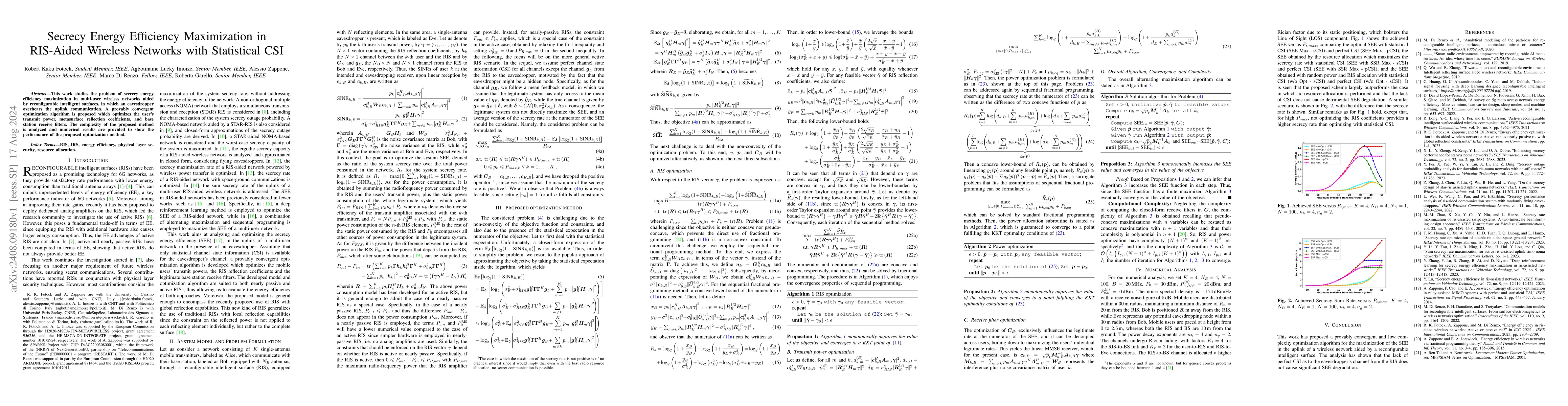 Thumbnail for Secrecy Energy Efficiency Maximization in RIS-Aided Wireless Networks
  with Statistical CSI