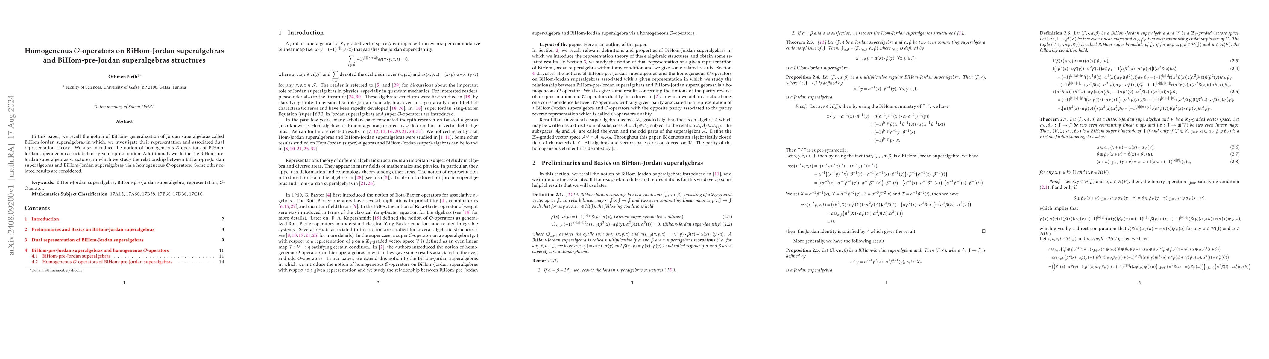 Thumbnail for Homogeneous O-operators on BiHom-Jordan superalgebras and
  BiHom-pre-Jordan superalgebras structures