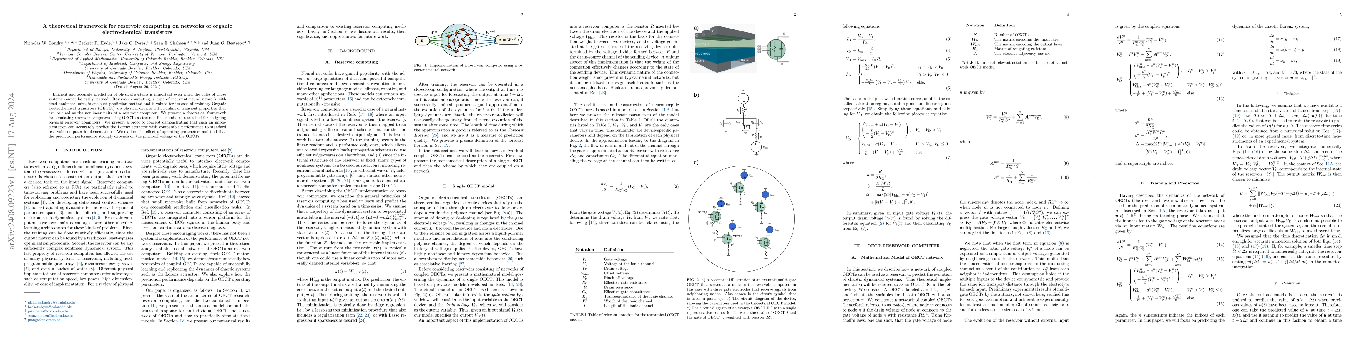 Thumbnail for A theoretical framework for reservoir computing on networks of organic
  electrochemical transistors