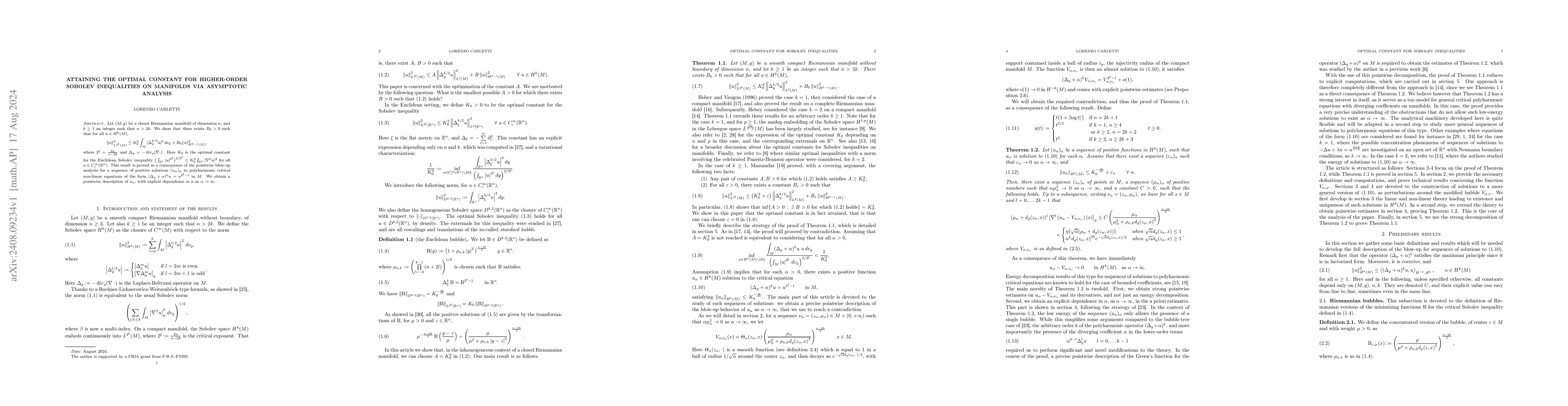 Thumbnail for Attaining the optimal constant for higher-order Sobolev inequalities on
  manifolds via asymptotic analysis