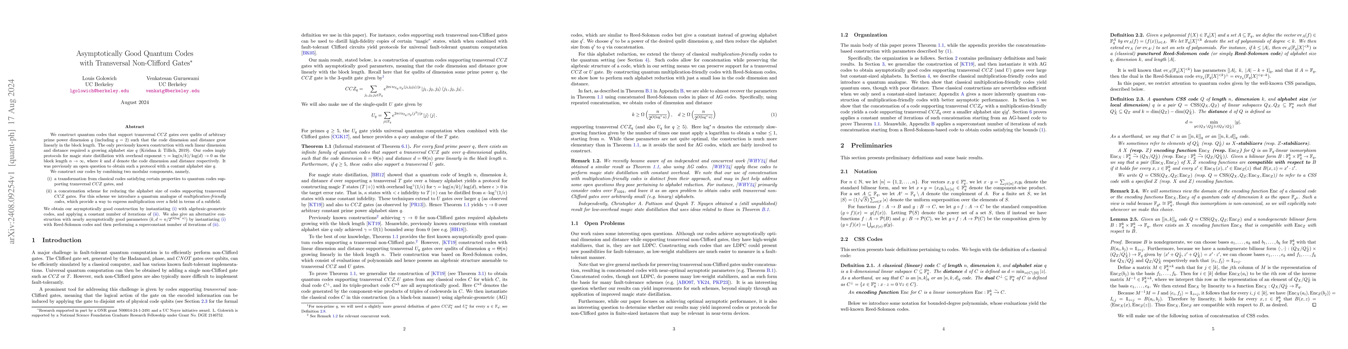 Thumbnail for Asymptotically Good Quantum Codes with Transversal Non-Clifford Gates