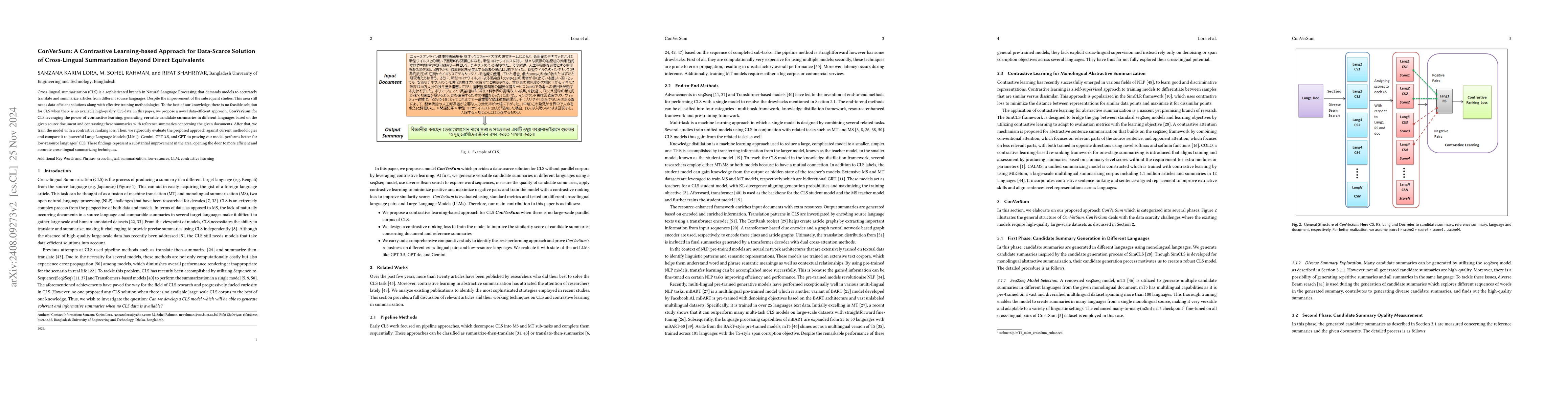 Thumbnail for ConVerSum: A Contrastive Learning based Approach for Data-Scarce
  Solution of Cross-Lingual Summarization Beyond Direct Equivalents