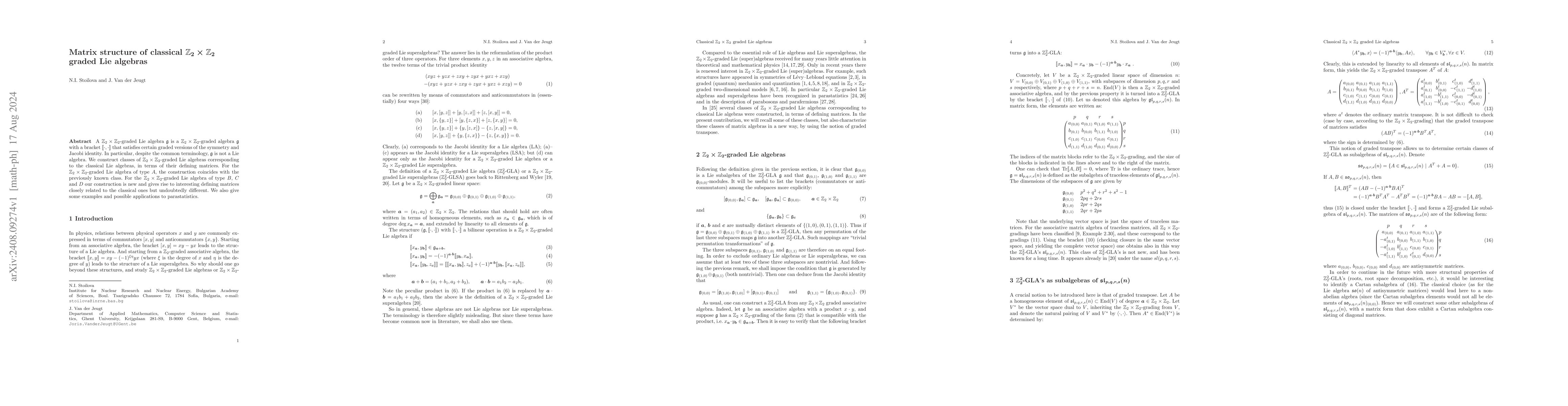 Thumbnail for Matrix structure of classical ${\mathbb Z}_2 \times {\mathbb Z}_2$
  graded Lie algebras