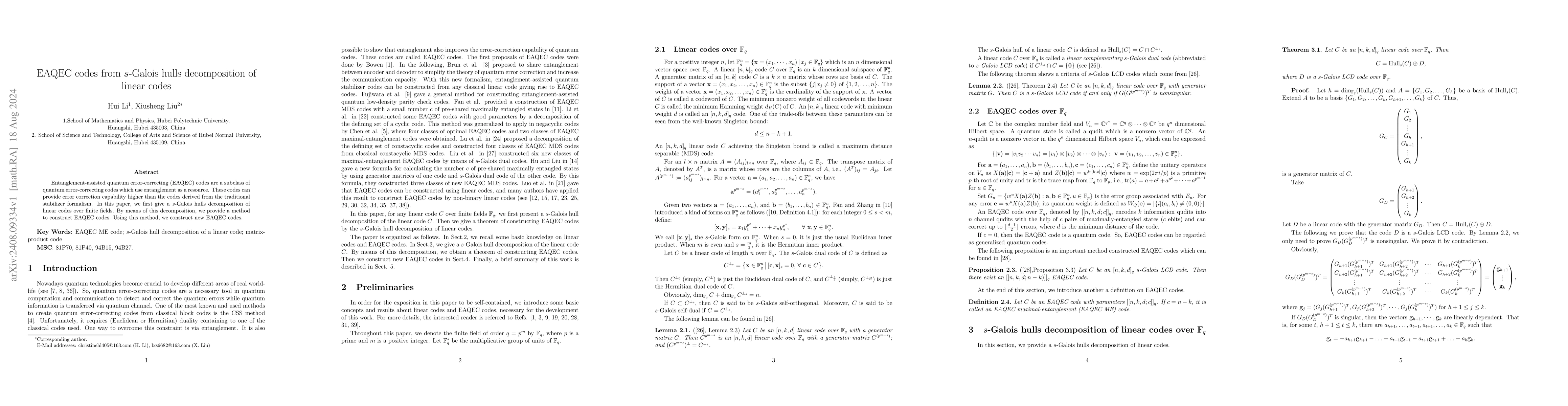 Thumbnail for EAQEC codes from s-Galois hulls decomposition of linear codes