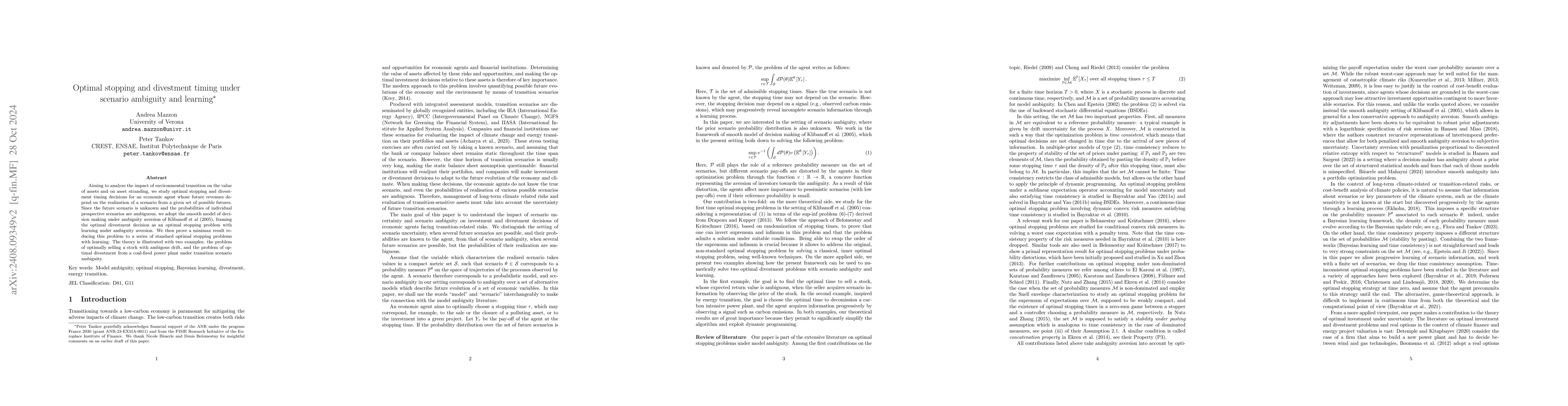 Thumbnail for Optimal stopping and divestment timing under scenario ambiguity and
  learning