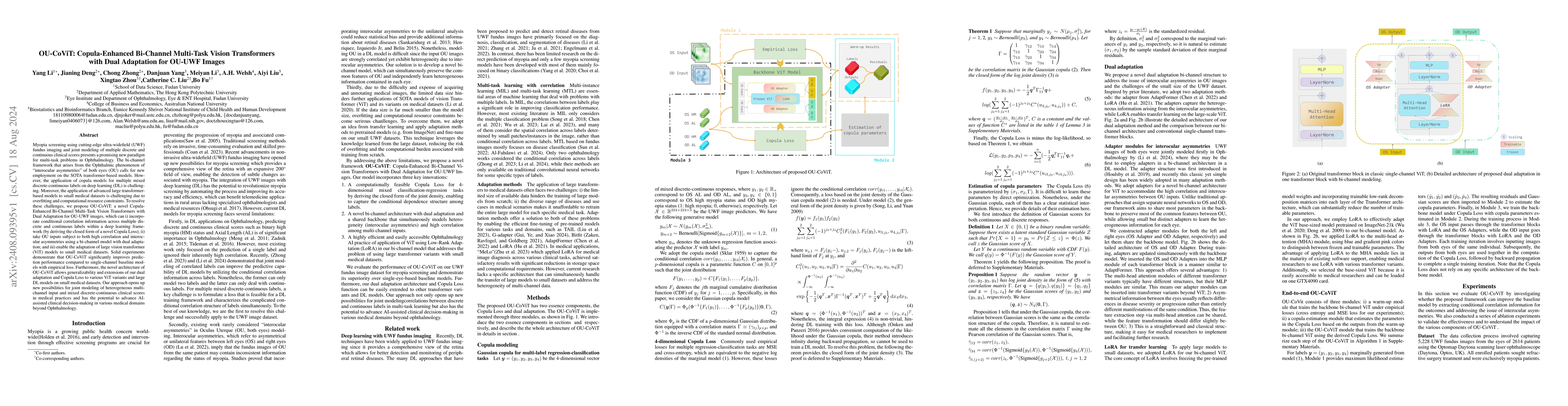 Thumbnail for OU-CoViT: Copula-Enhanced Bi-Channel Multi-Task Vision Transformers with
  Dual Adaptation for OU-UWF Images