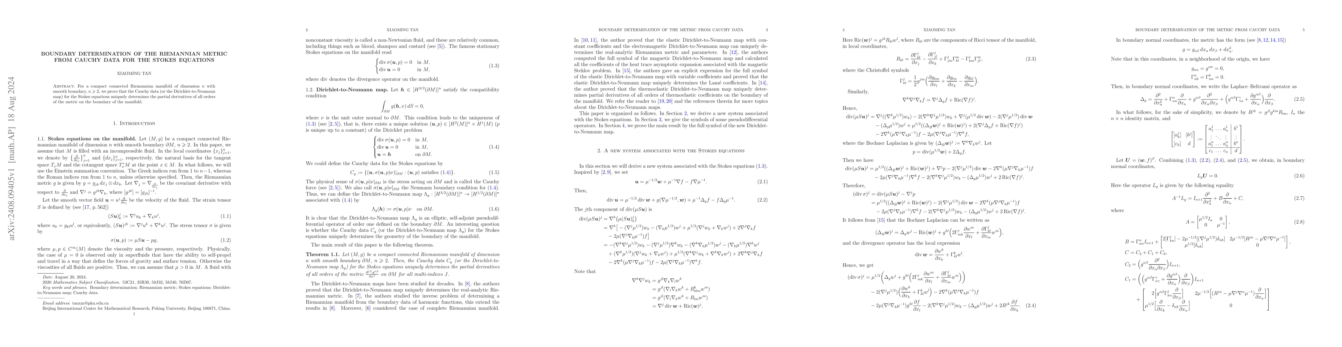 Thumbnail for Boundary determination of the Riemannian metric from Cauchy data for the
  Stokes equations