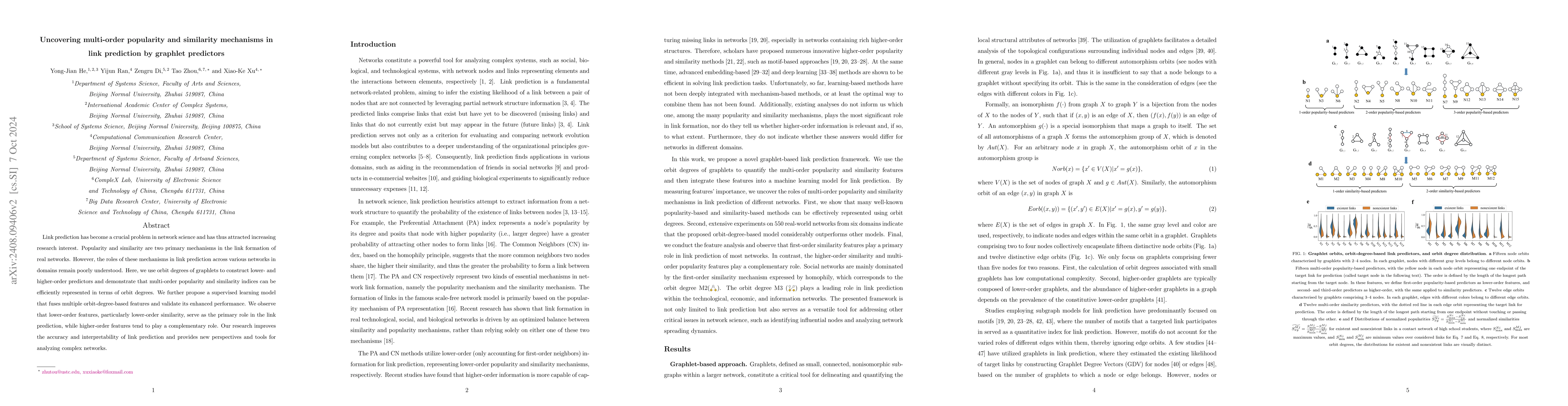 Thumbnail for Uncovering multi-order Popularity and Similarity Mechanisms in Link
  Prediction by graphlet predictors