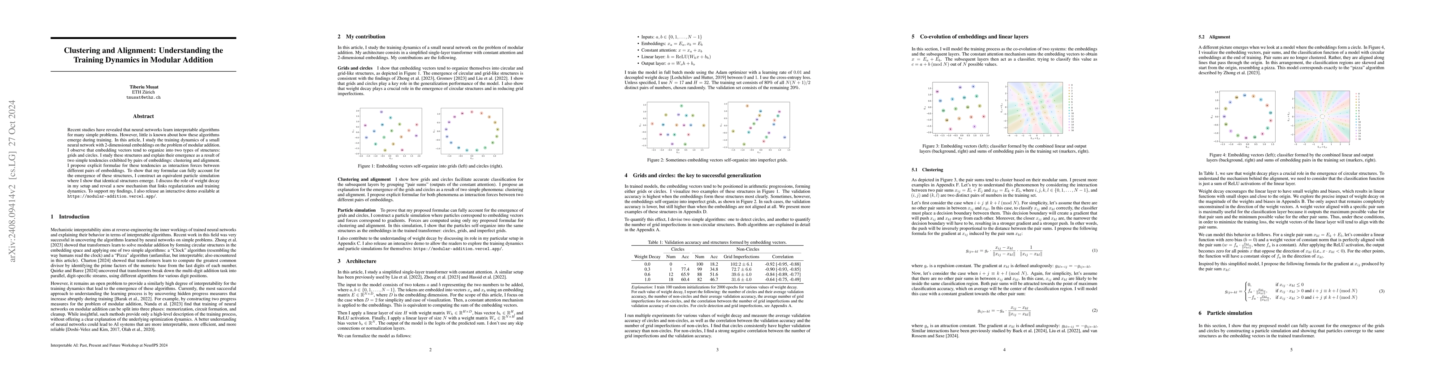 Thumbnail for Clustering and Alignment: Understanding the Training Dynamics in Modular
  Addition