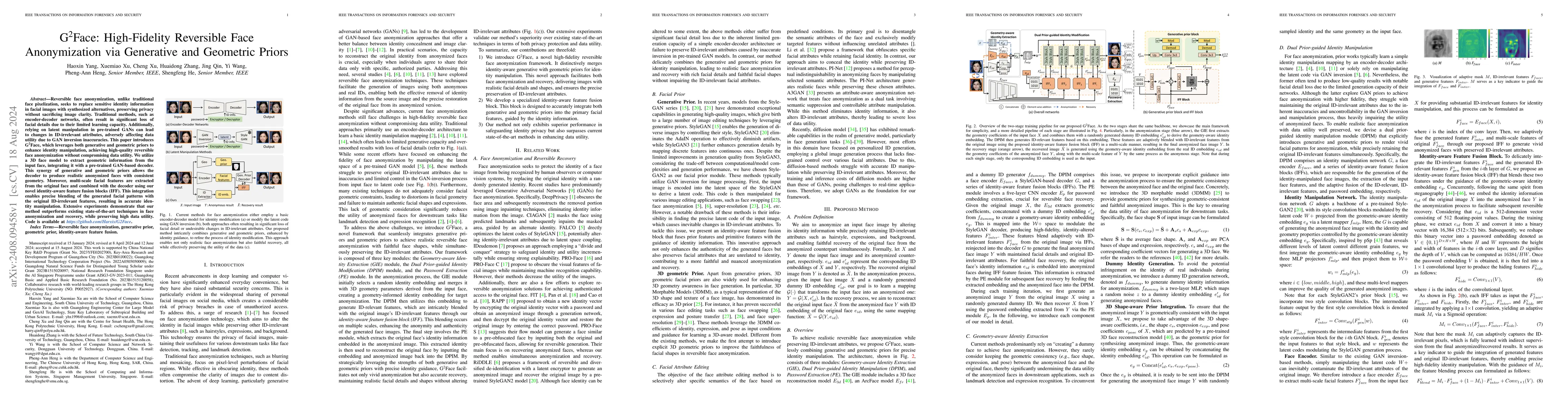 Thumbnail for G2Face: High-Fidelity Reversible Face Anonymization via Generative and
  Geometric Priors