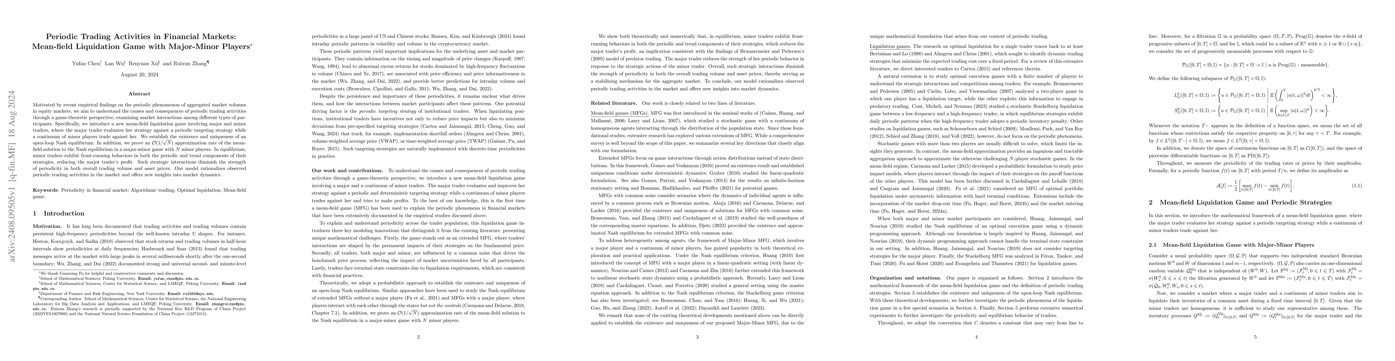 Thumbnail for Periodic Trading Activities in Financial Markets: Mean-field Liquidation
  Game with Major-Minor Players
