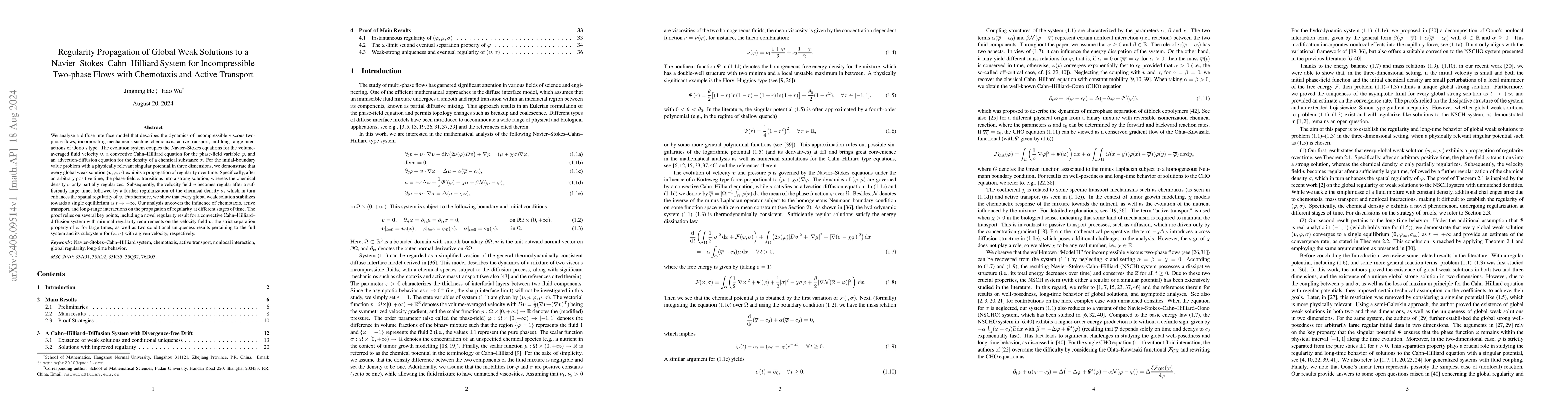 Thumbnail for Regularity Propagation of Global Weak Solutions to a
  Navier-Stokes-Cahn-Hilliard System for Incompressible Two-phase Flows with
  Chemotaxis and Active Transport