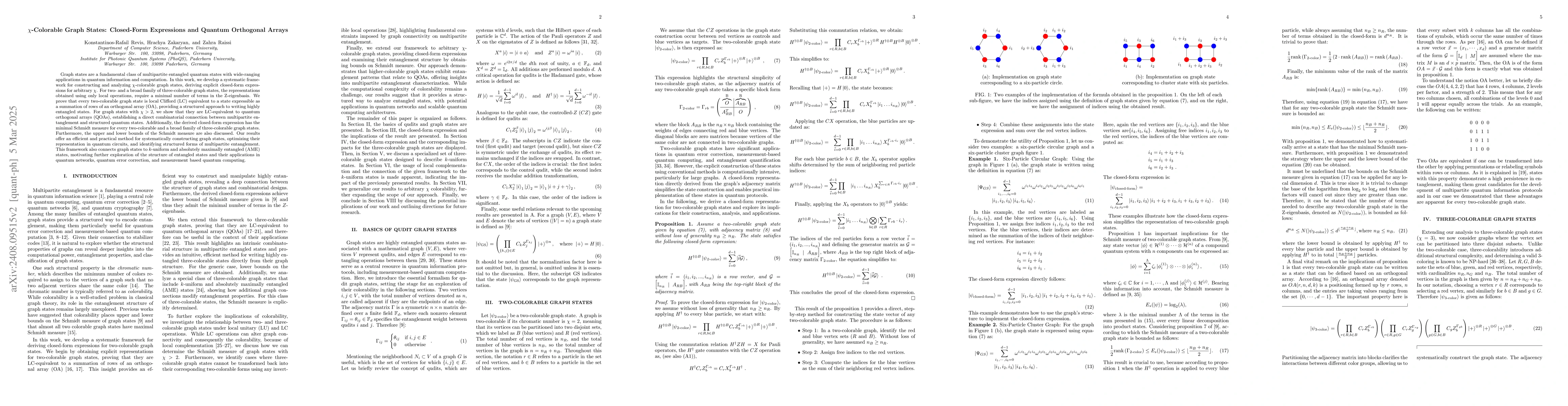 Thumbnail for $χ$-Colorable Graph States: Closed-Form Expressions and Quantum
  Orthogonal Arrays
