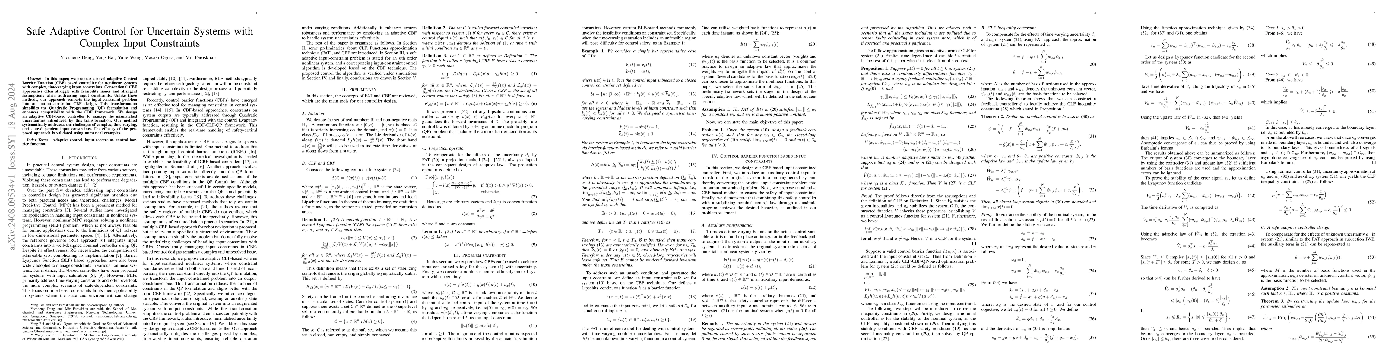 Thumbnail for Safe Adaptive Control for Uncertain Systems with Complex Input
  Constraints