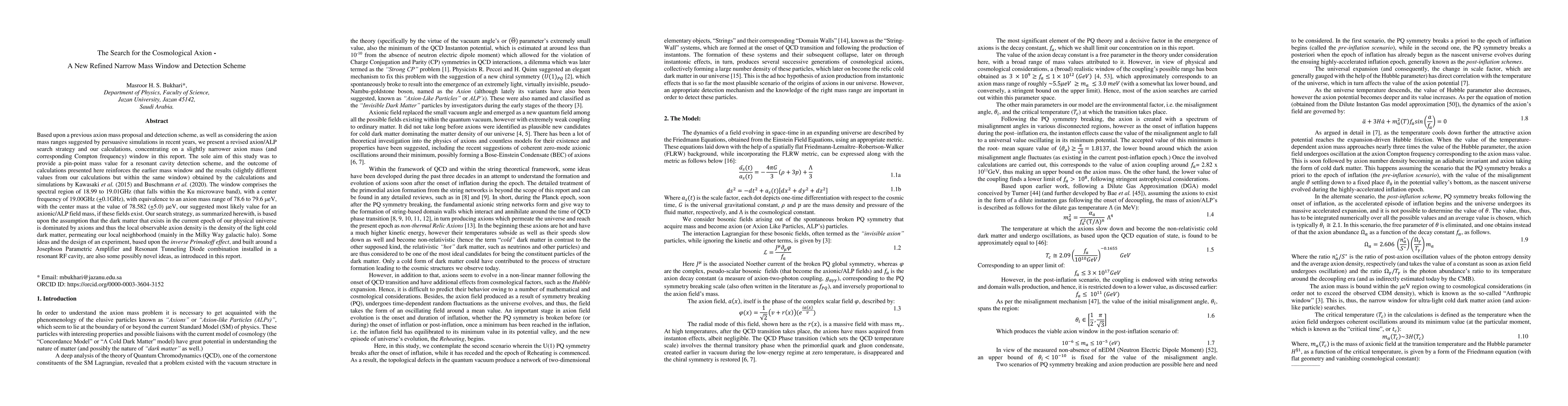 Thumbnail for The Search for the Cosmological Axion -- A New Refined Narrow Mass
  Window and Detection Scheme