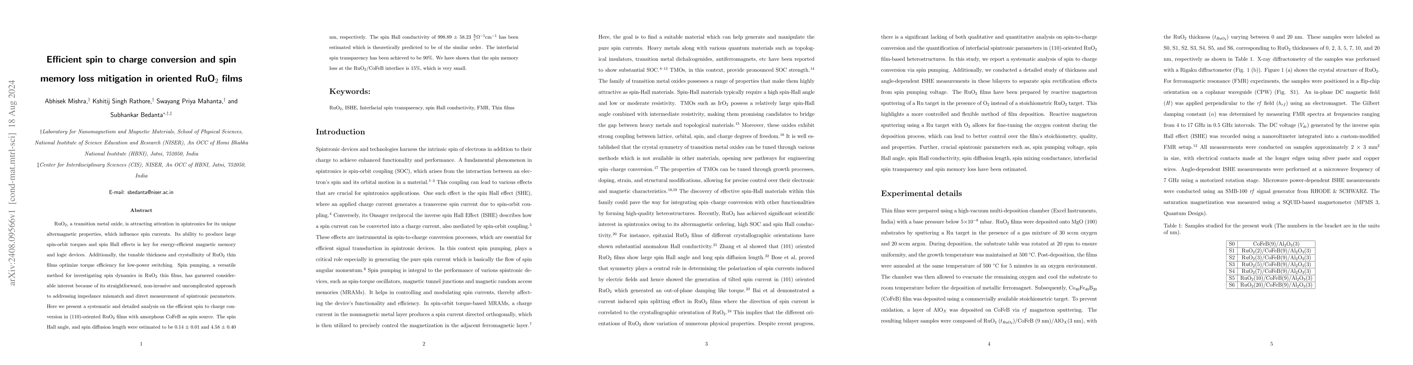 Thumbnail for Efficient spin to charge conversion and spin memory loss mitigation in
  oriented $\text{RuO}_2$ films