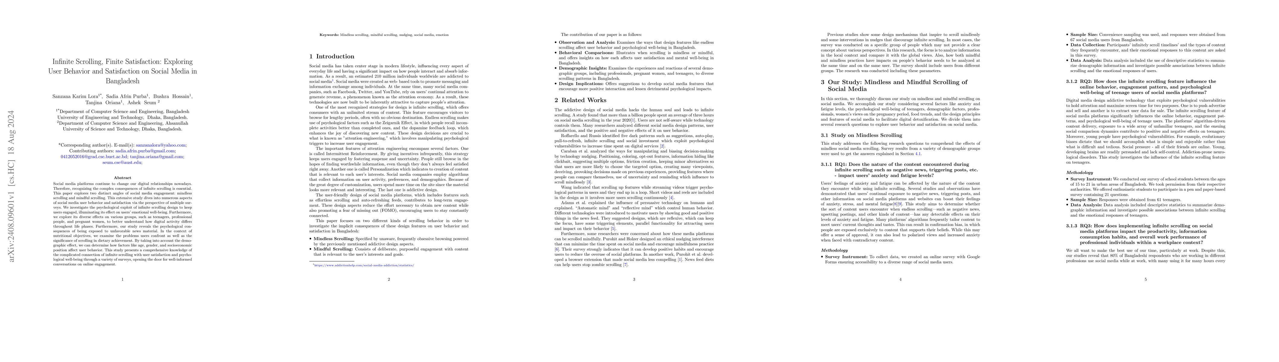 Thumbnail for Infinite Scrolling, Finite Satisfaction: Exploring User Behavior and
  Satisfaction on Social Media in Bangladesh