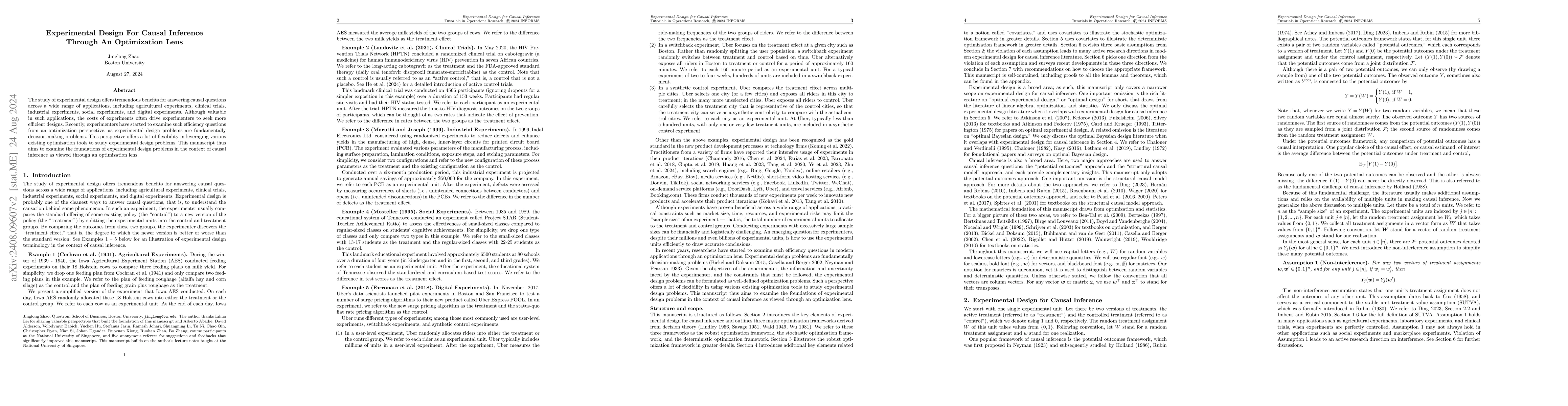 Thumbnail for Experimental Design For Causal Inference Through An Optimization Lens