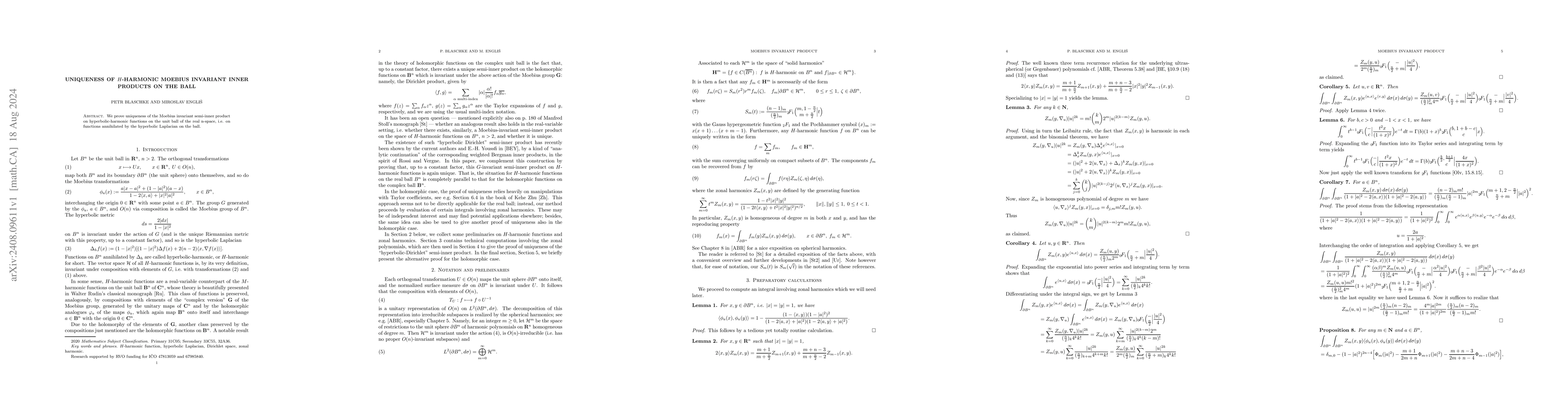 Thumbnail for Uniqueness of $H$-harmonic Moebius invariant inner products on the ball